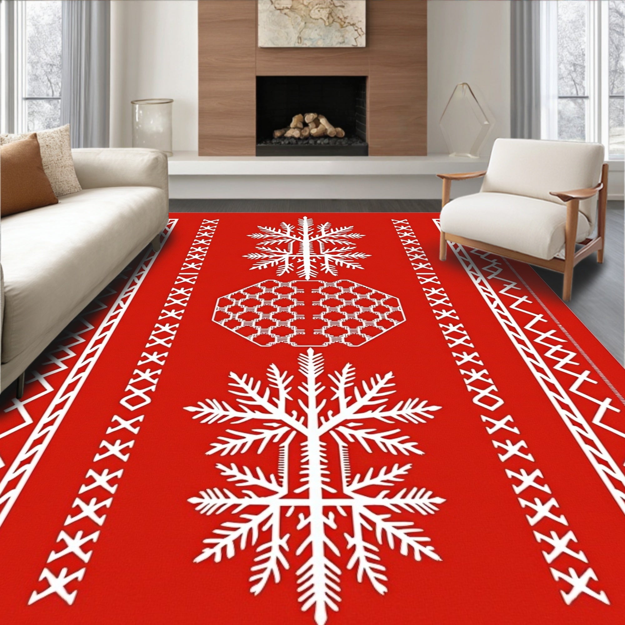 Crimson White Folk Art Tree Border Rug