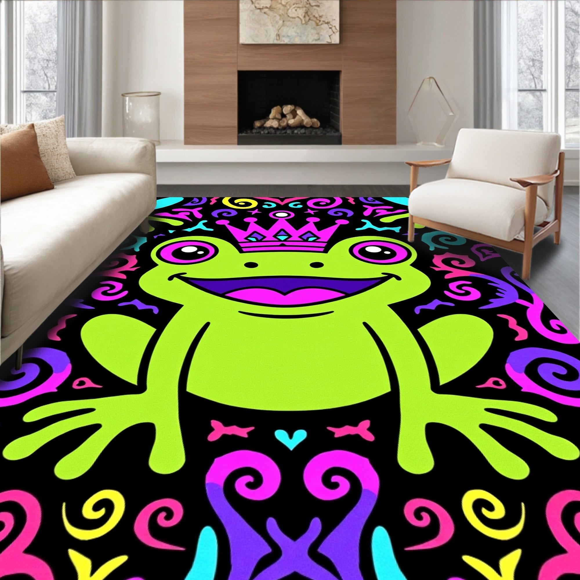 Vibrant Neon Frog Crown Swirls Rug