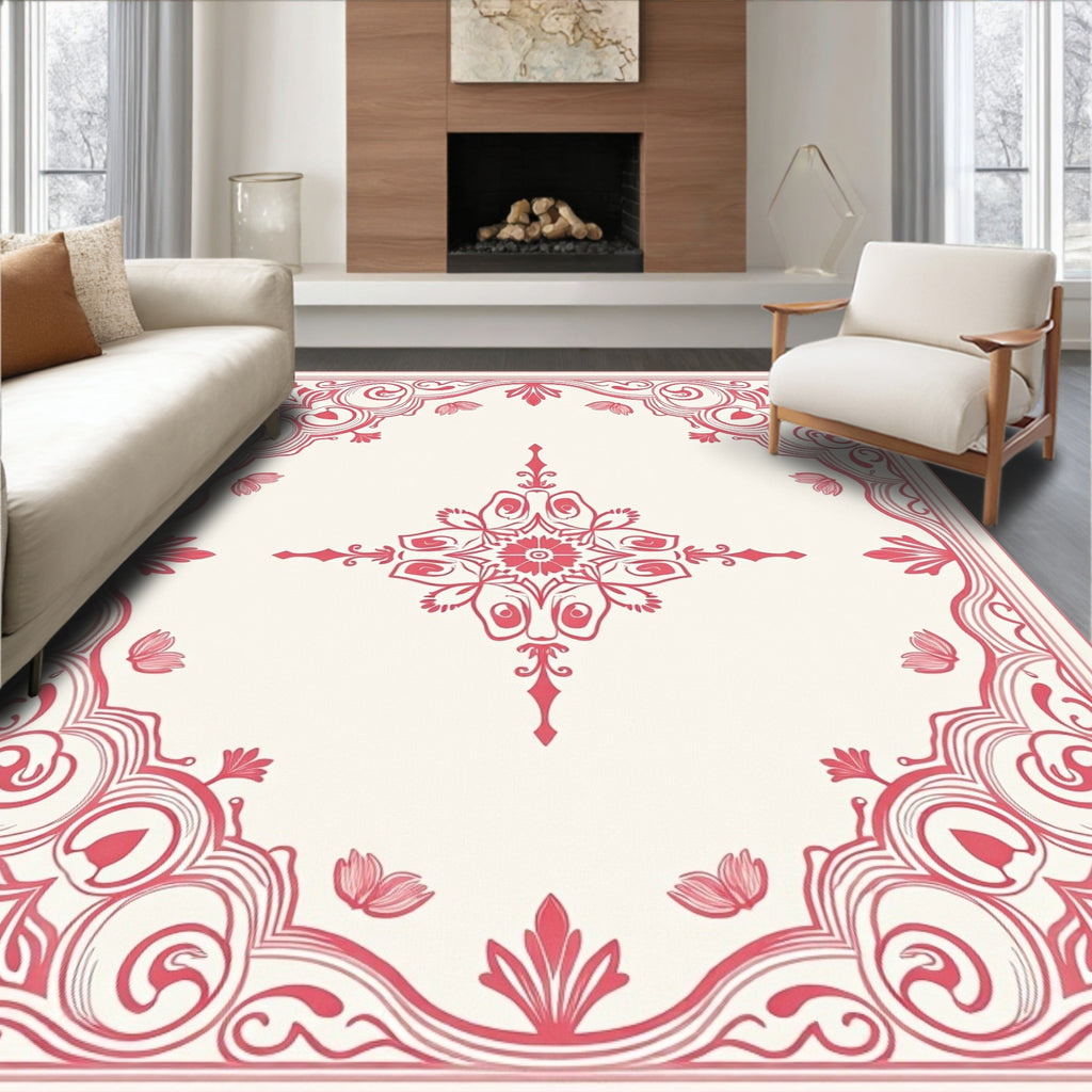 Coral Red Floral Scroll Medallion Rug