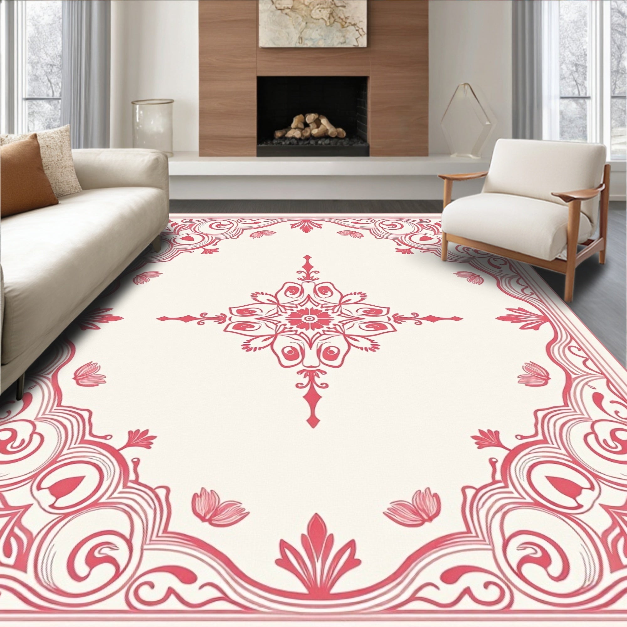 Coral Red Floral Scroll Medallion Rug
