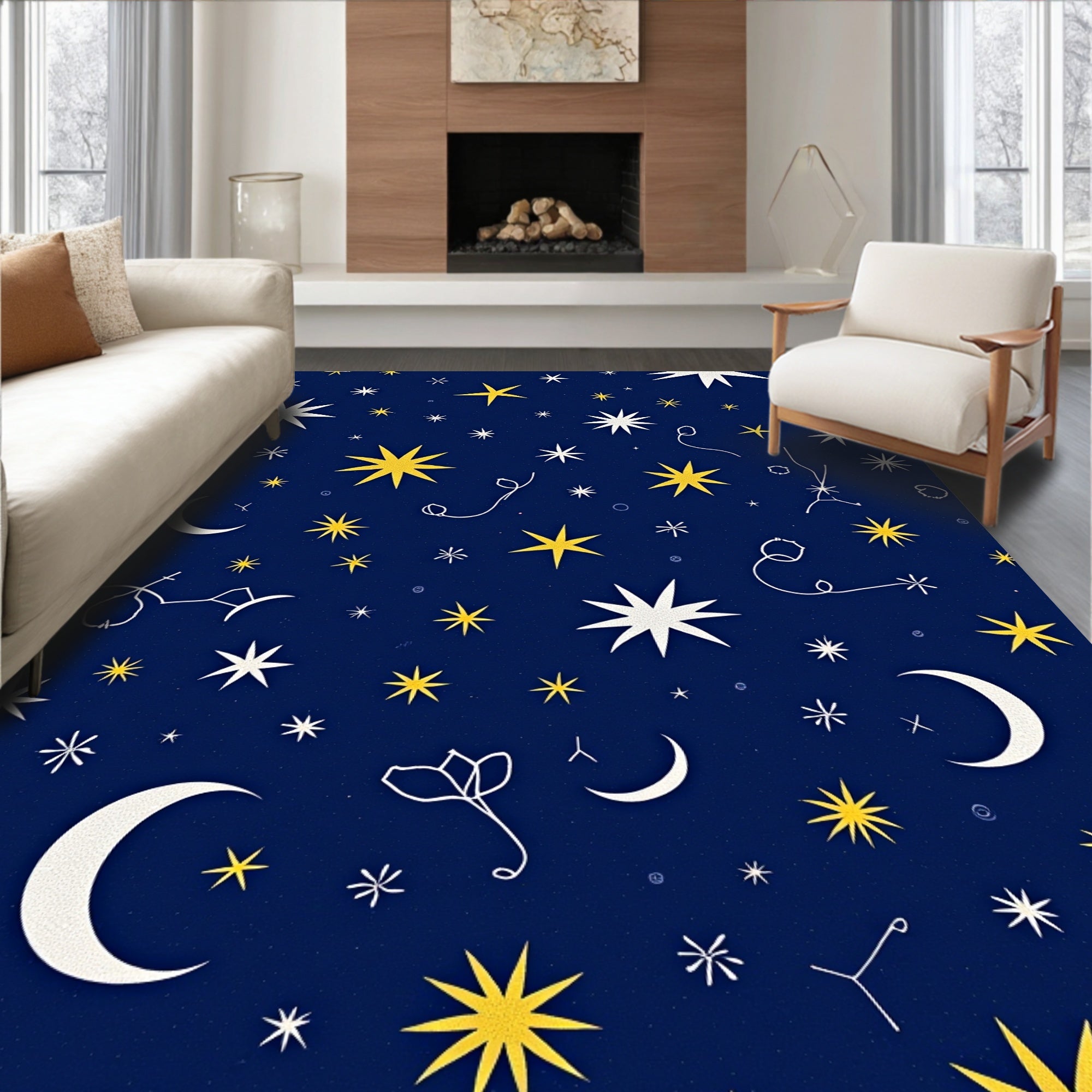 Midnight Celestial Moon Star Garland Rug
