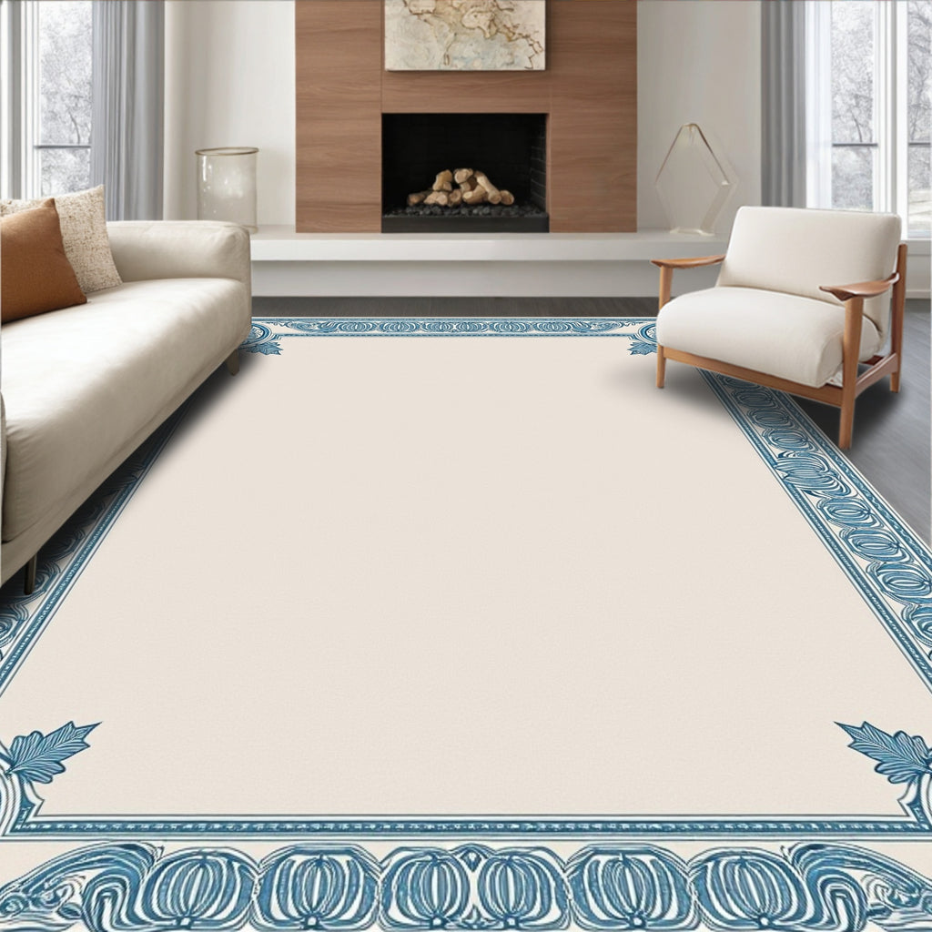 Ornate Blue Floral Square Border Rug