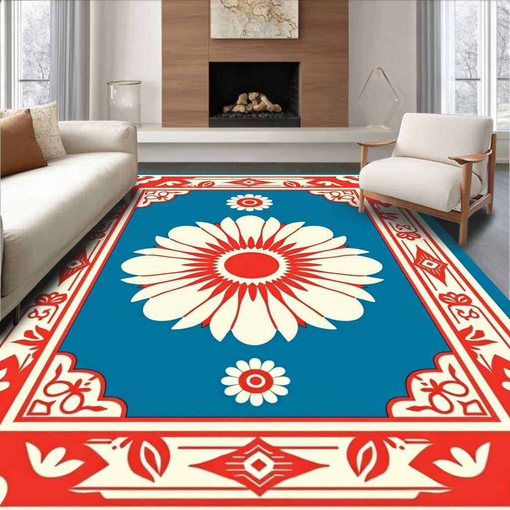 Bold Red Cream Daisy Garden Rug