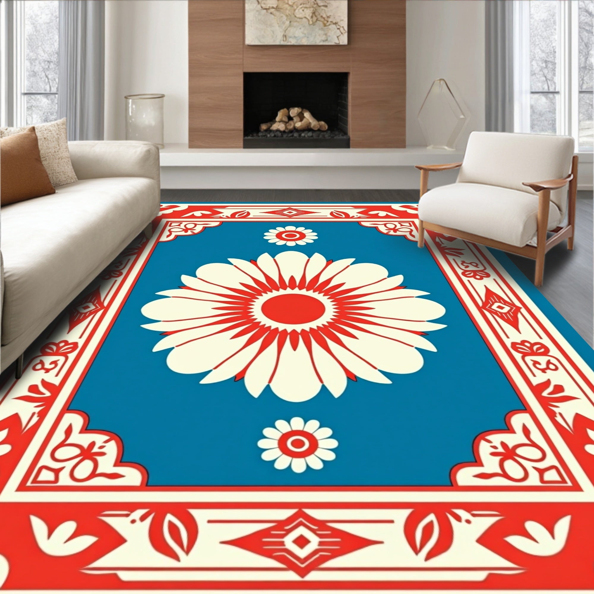 Bold Red Cream Daisy Garden Rug
