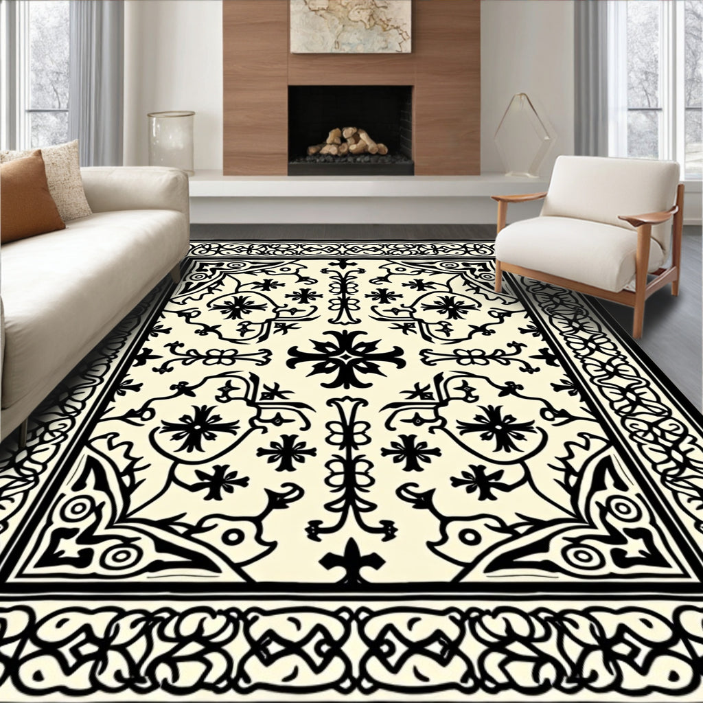 Cream Beige Medieval Floral Border Rug