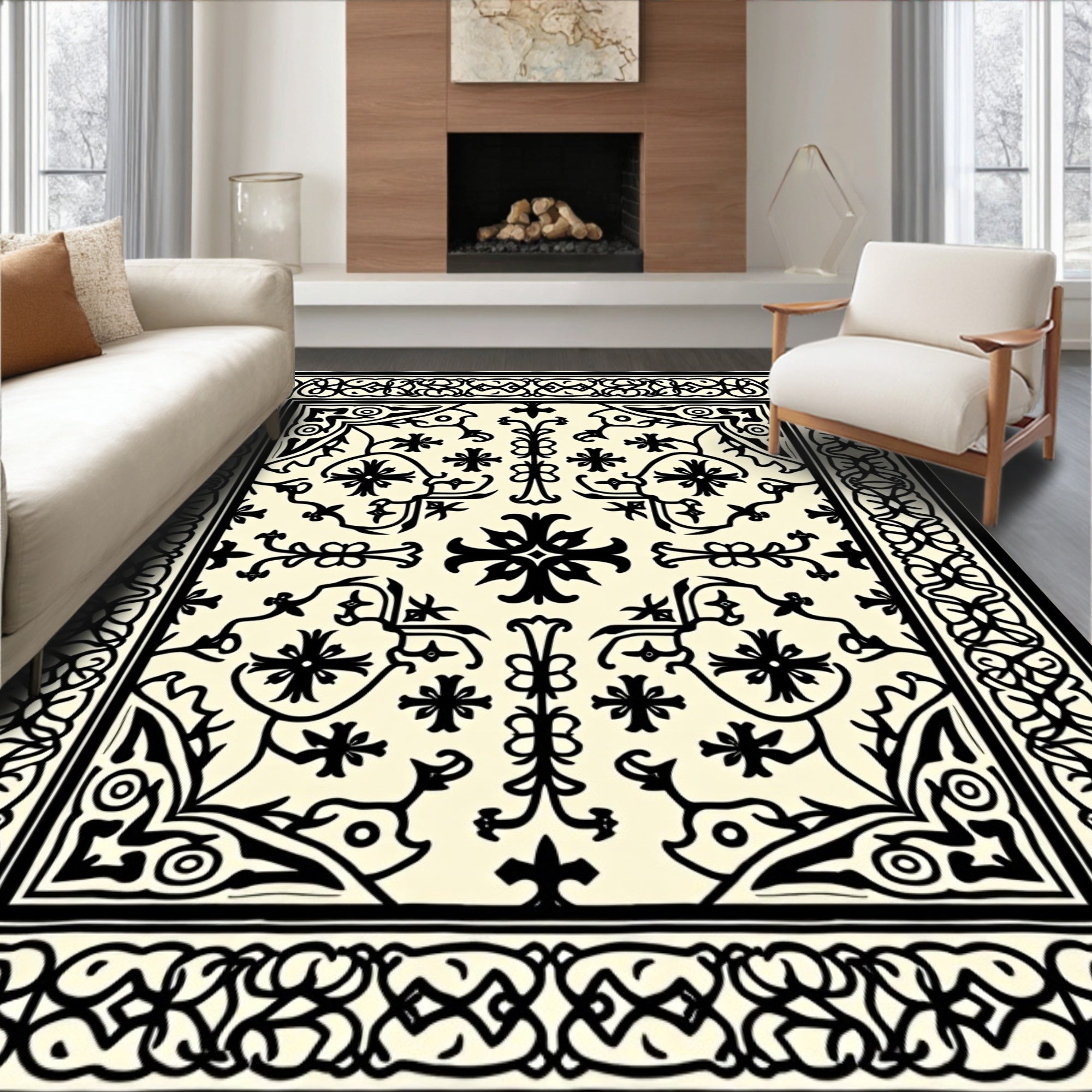 Cream Beige Medieval Floral Border Rug