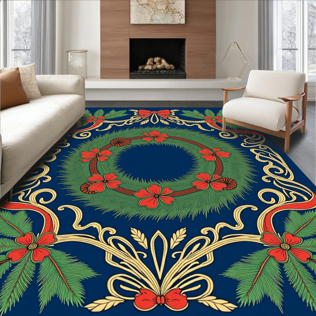Festive Green Red Floral Wreath Border Rug
