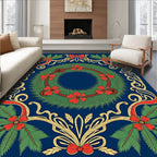 Festive Green Red Floral Wreath Border Rug
