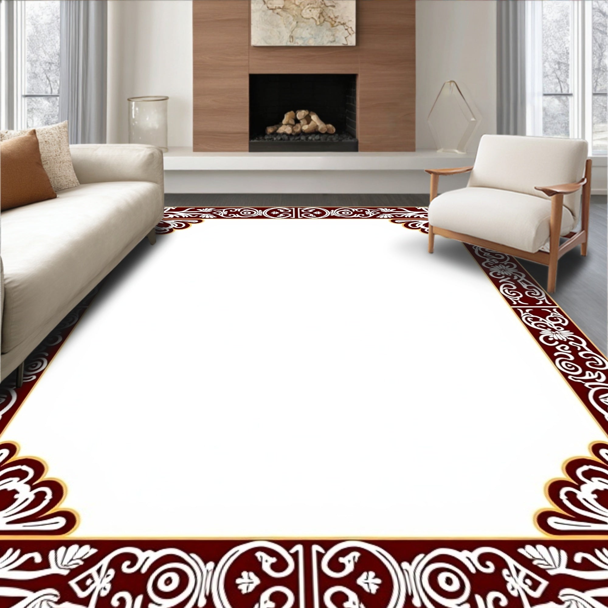Deep Red White Floral Border Rug