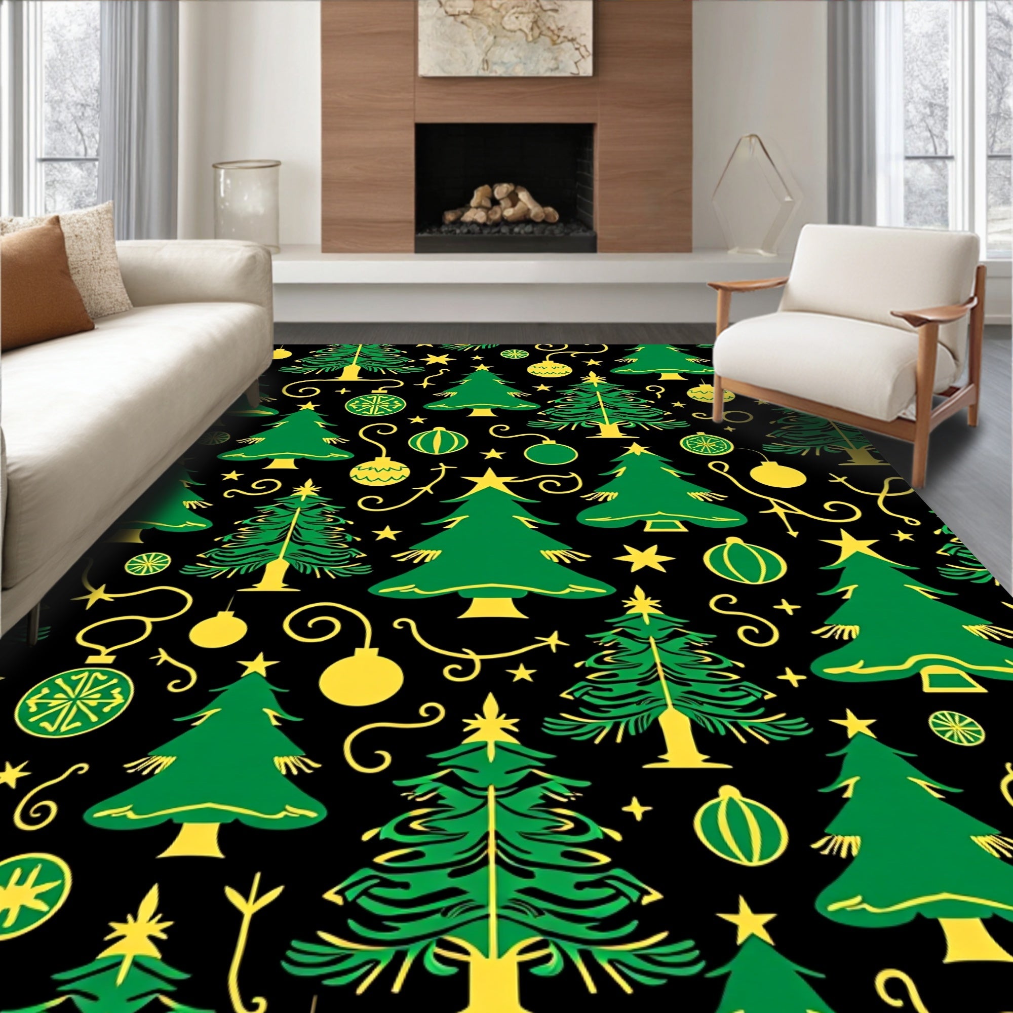 Green Yellow Christmas Trees Ornaments Rug