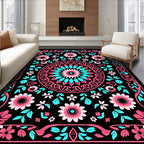 Vibrant Pink Teal Floral Medallion Rug