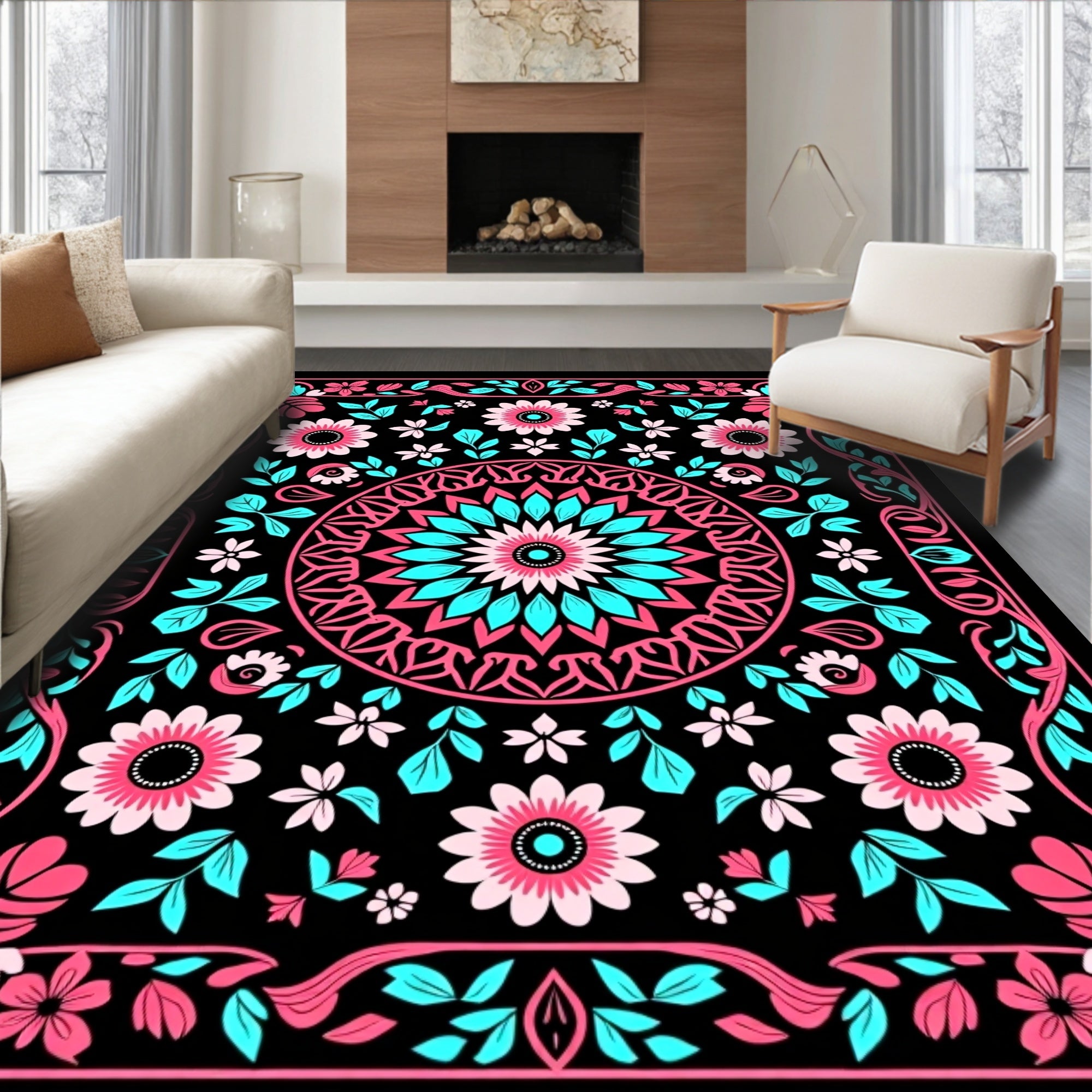 Vibrant Pink Teal Floral Medallion Rug