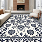 Navy Floral Medallion Scroll Border Rug