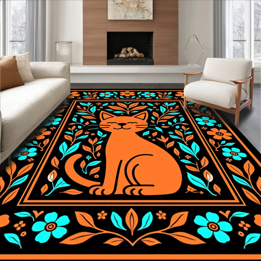 Whimsical Orange Cat Floral Border Rug