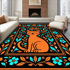 Whimsical Orange Cat Floral Border Rug