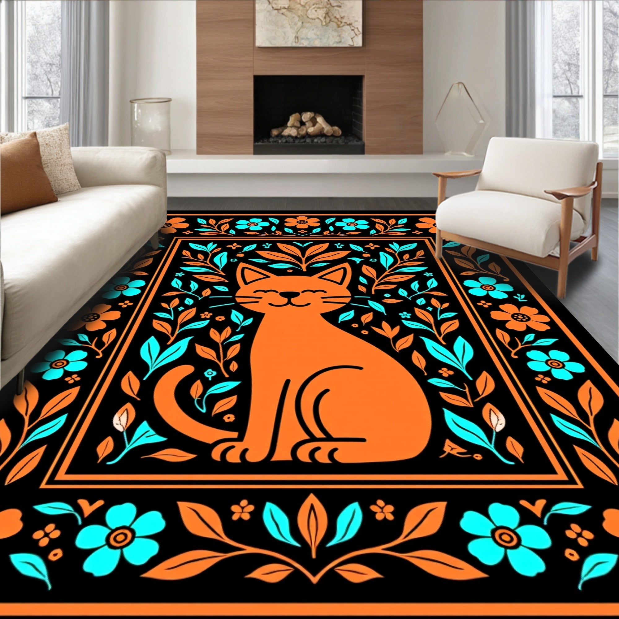 Whimsical Orange Cat Floral Border Rug