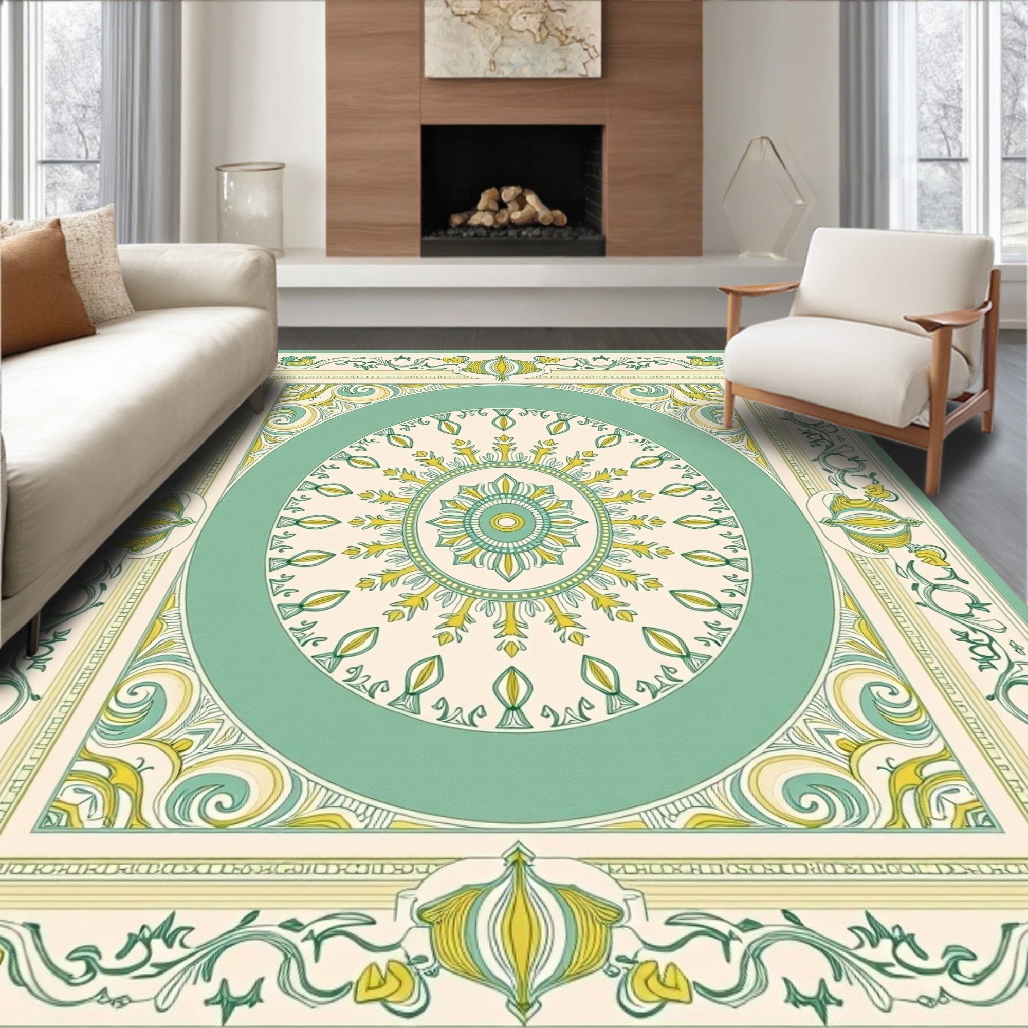 Vintage Mint Green Floral Medallion Rug