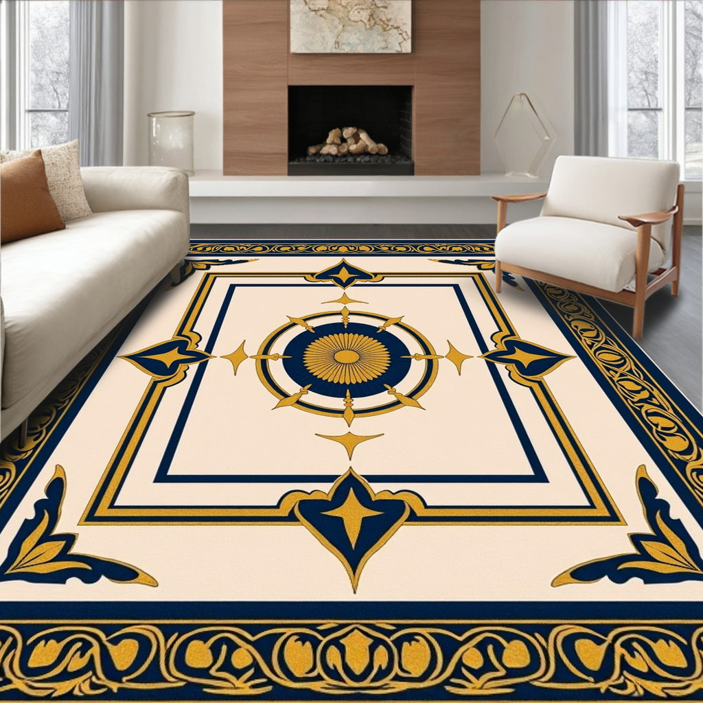 Navy gold sunburst medallion inlay Rug