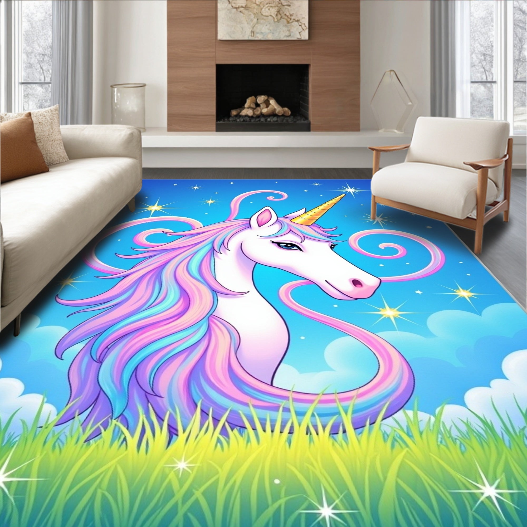 Pastel Rainbow Unicorn Fantasy Meadow Rug