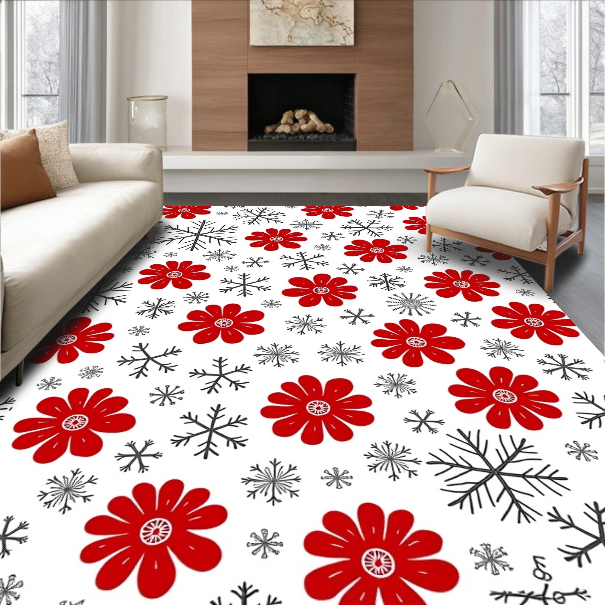 Red Floral Snowflake Medley Rug