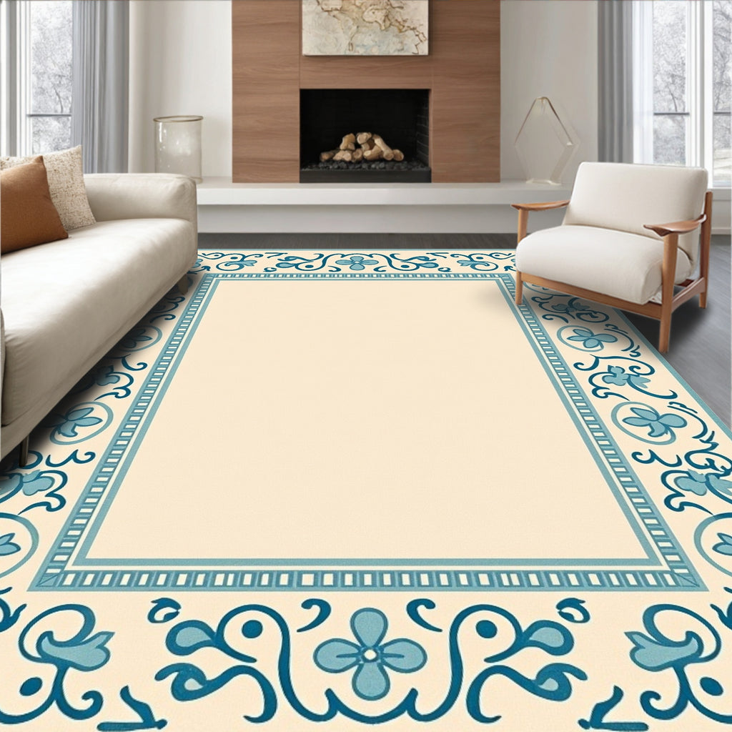 Cream Teal Floral Border Medallion Rug