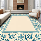 Cream Teal Floral Border Medallion Rug
