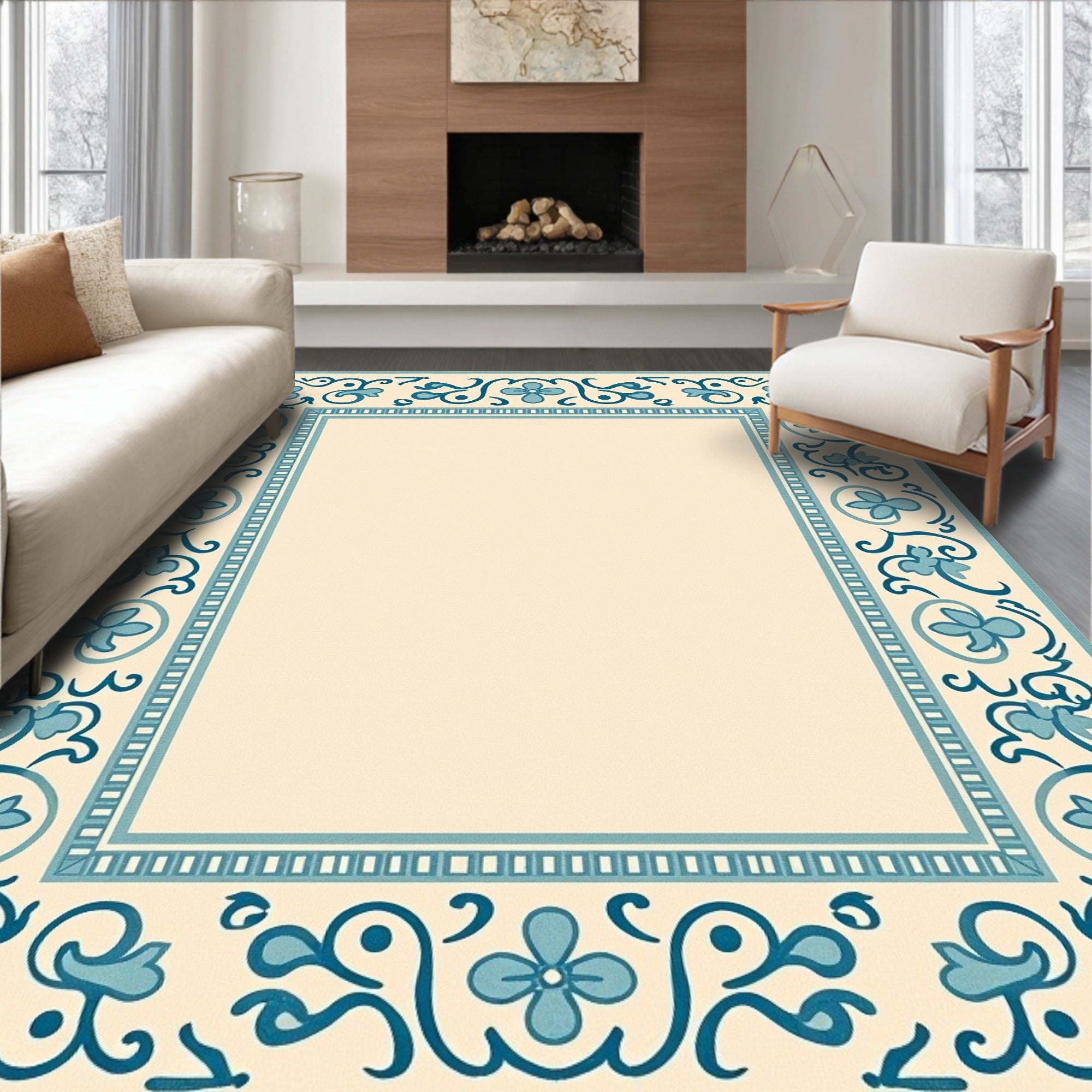 Cream Teal Floral Border Medallion Rug