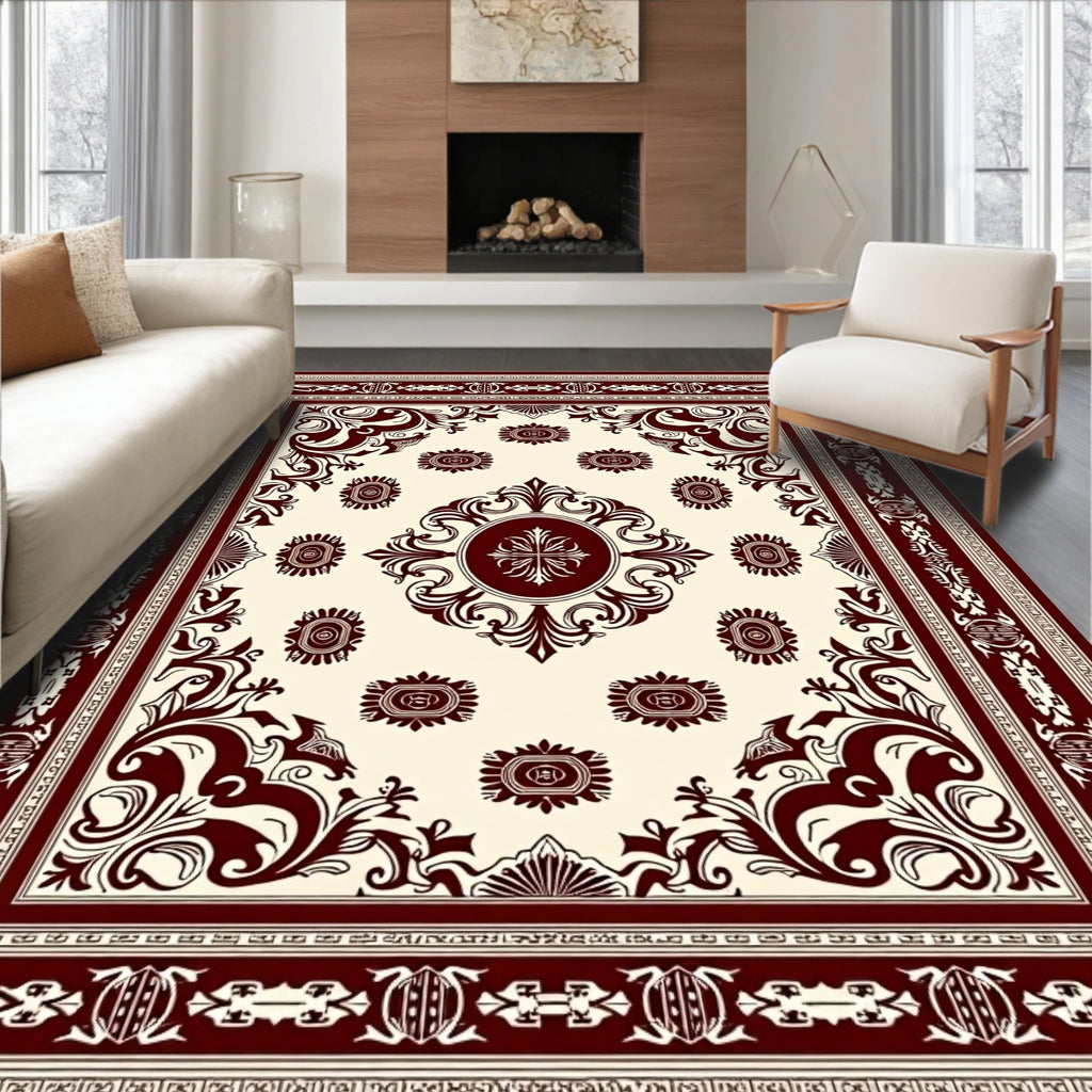 Deep Crimson Damask Scroll Square Rug