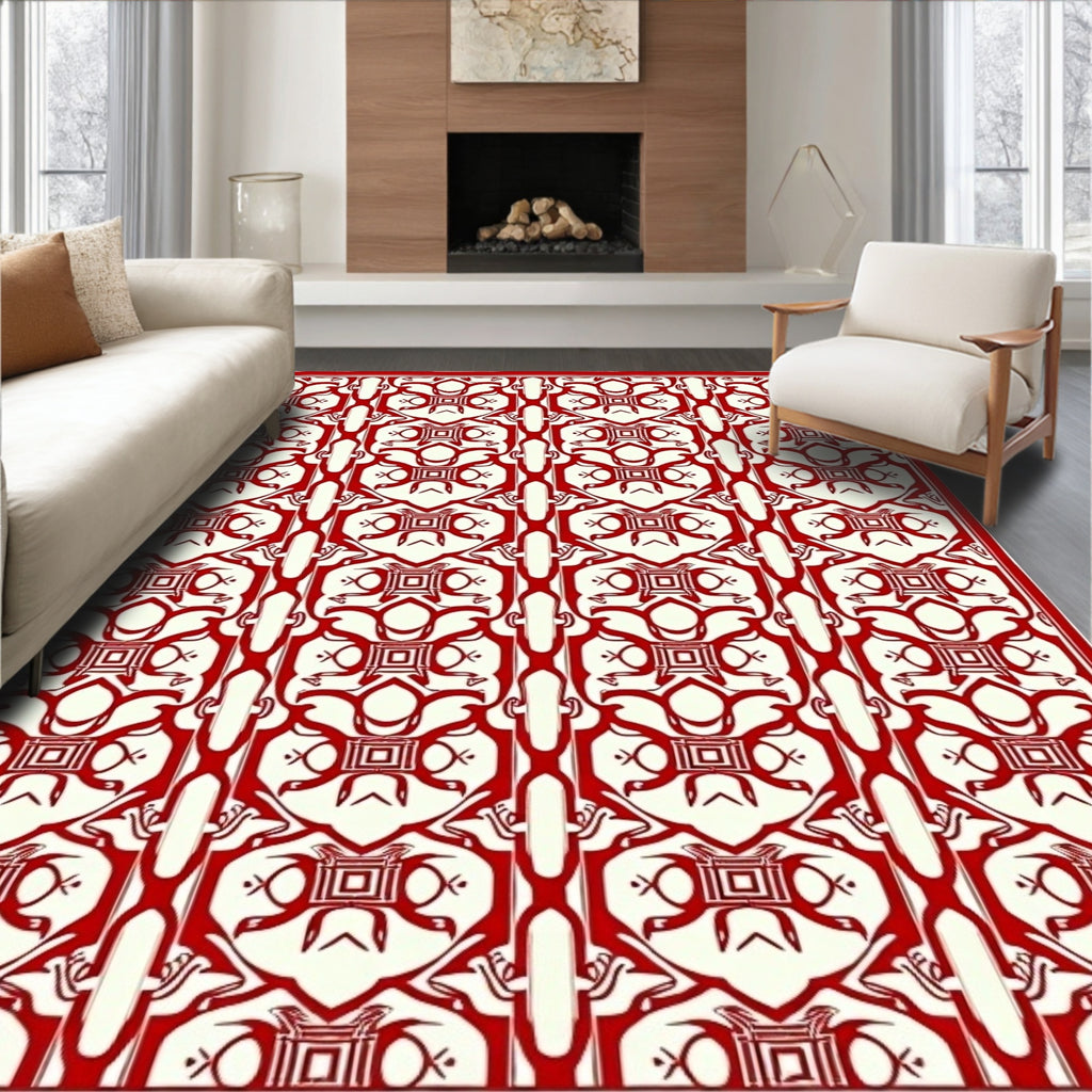 Crimson Cream Interlocking Geometric Medallion Rug