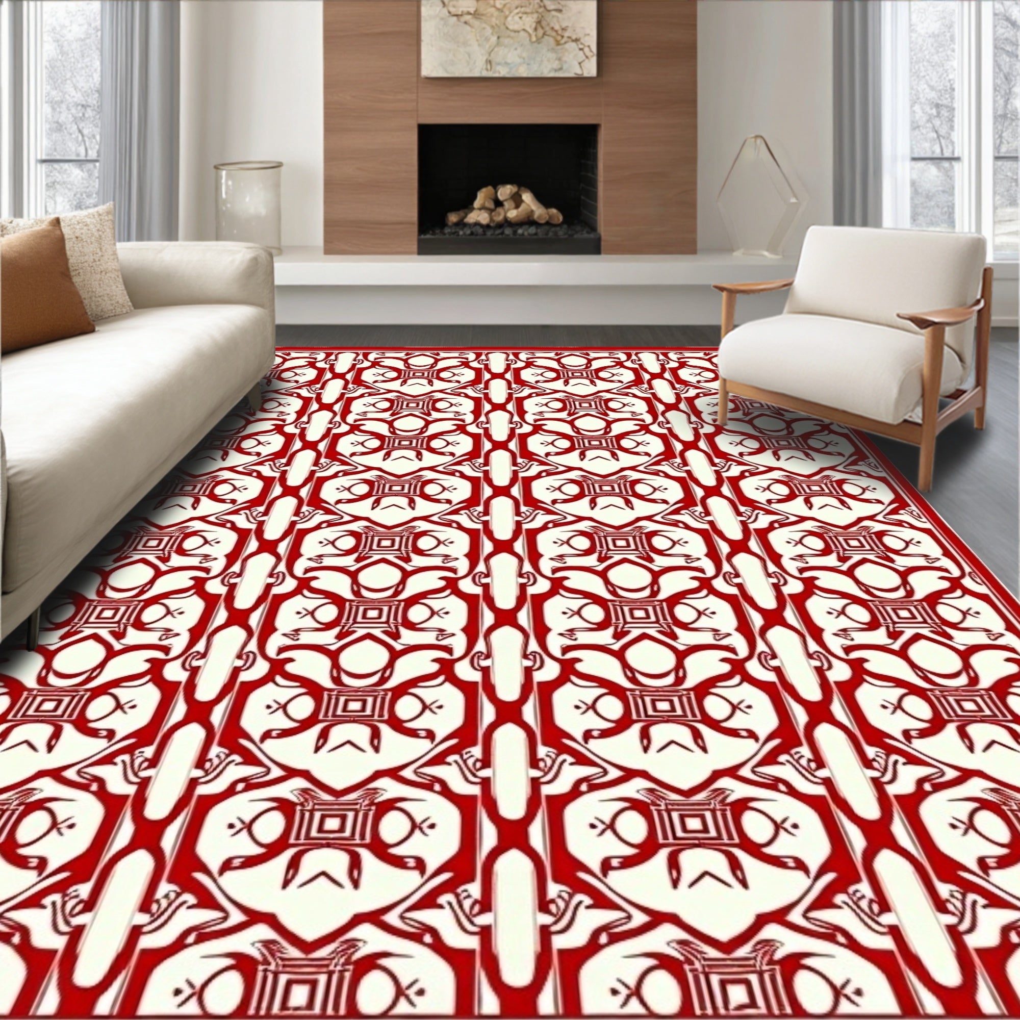 Crimson Cream Interlocking Geometric Medallion Rug