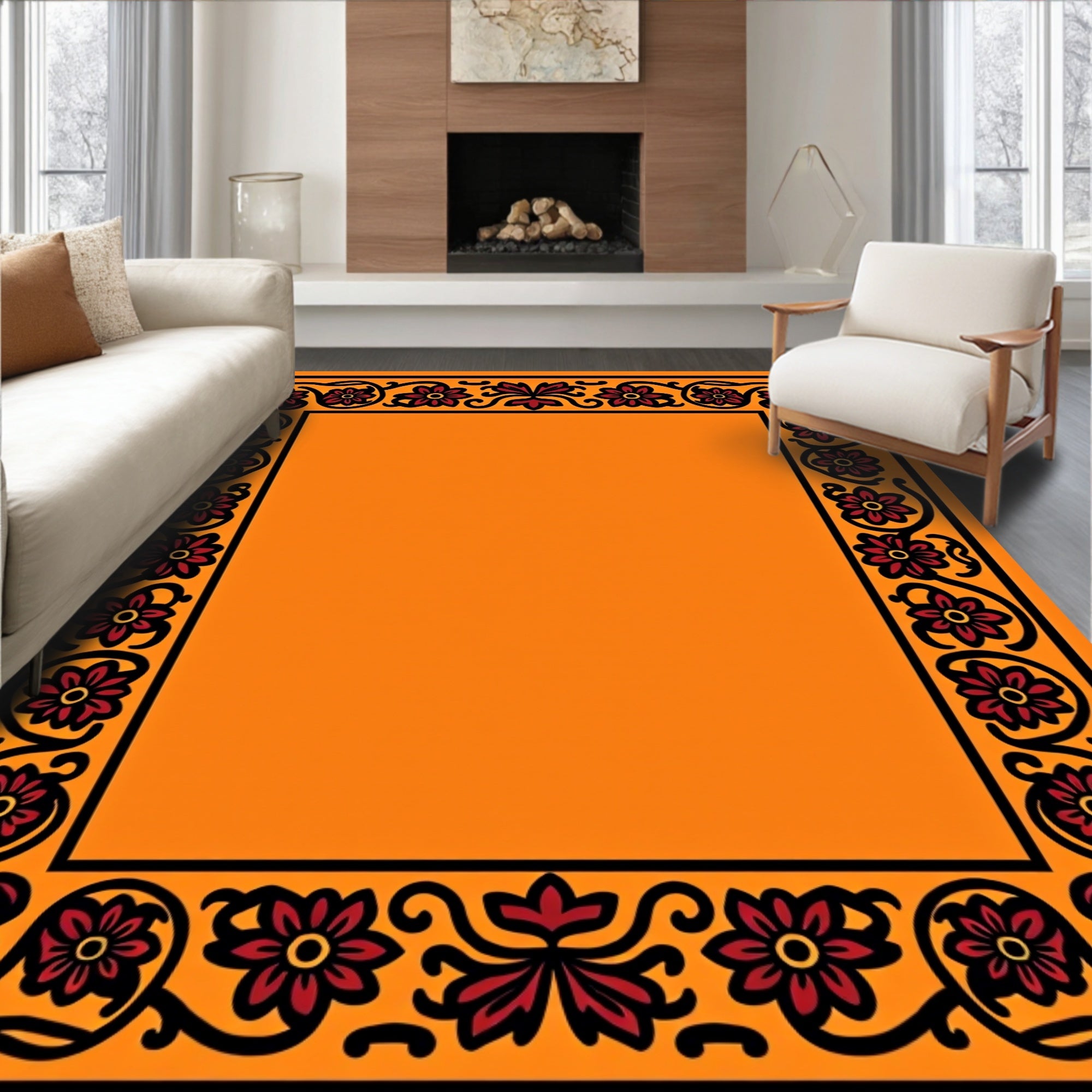 Bold Red Floral Border Orange Rug