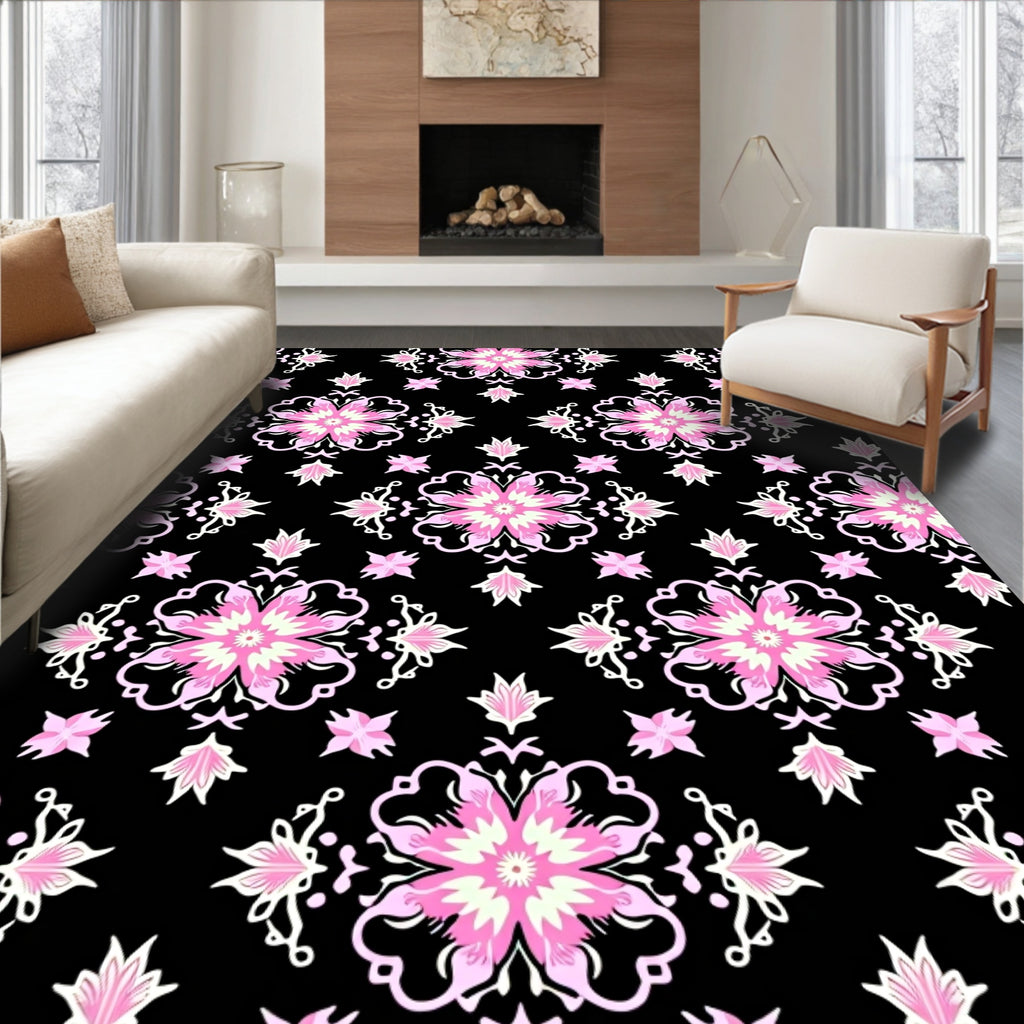 Pink White Floral Medallion Black Background Rug