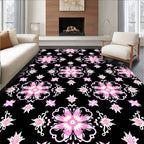 Pink White Floral Medallion Black Background Rug