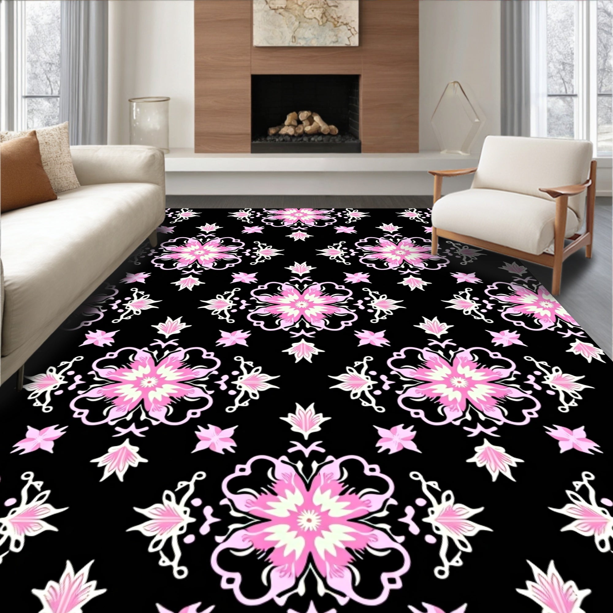 Pink White Floral Medallion Black Background Rug