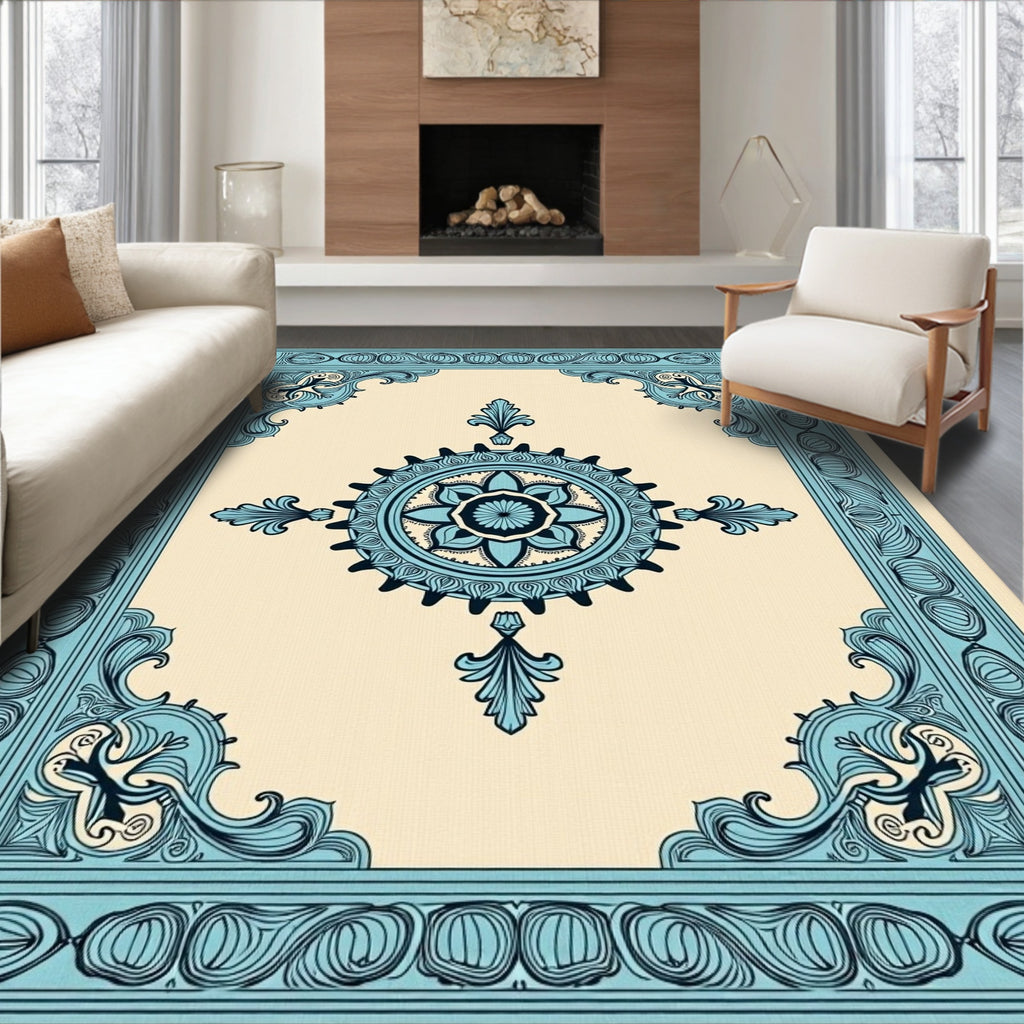 Light Blue Medallion Floral Border Rug