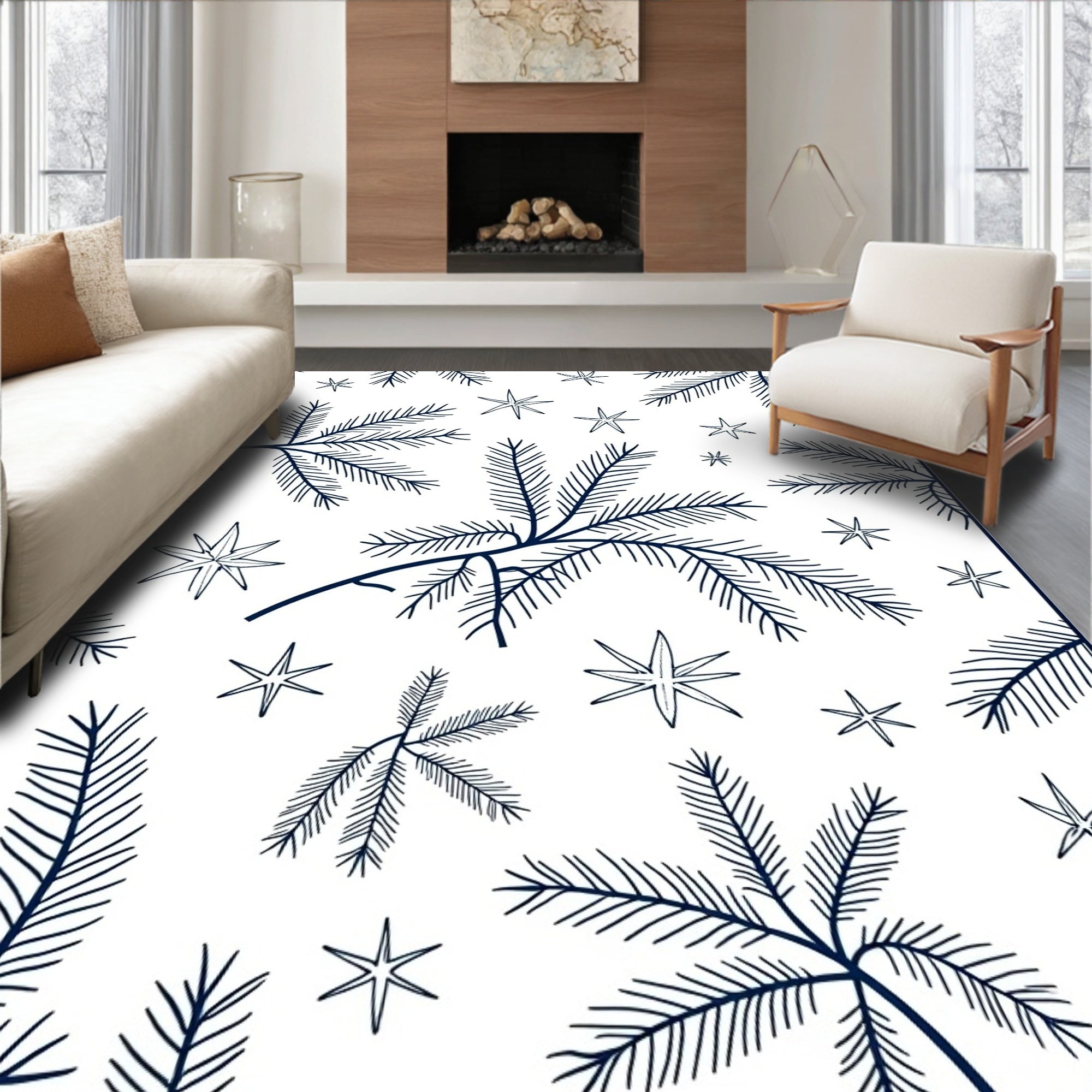 Navy Pine Sprigs and Stars Rug