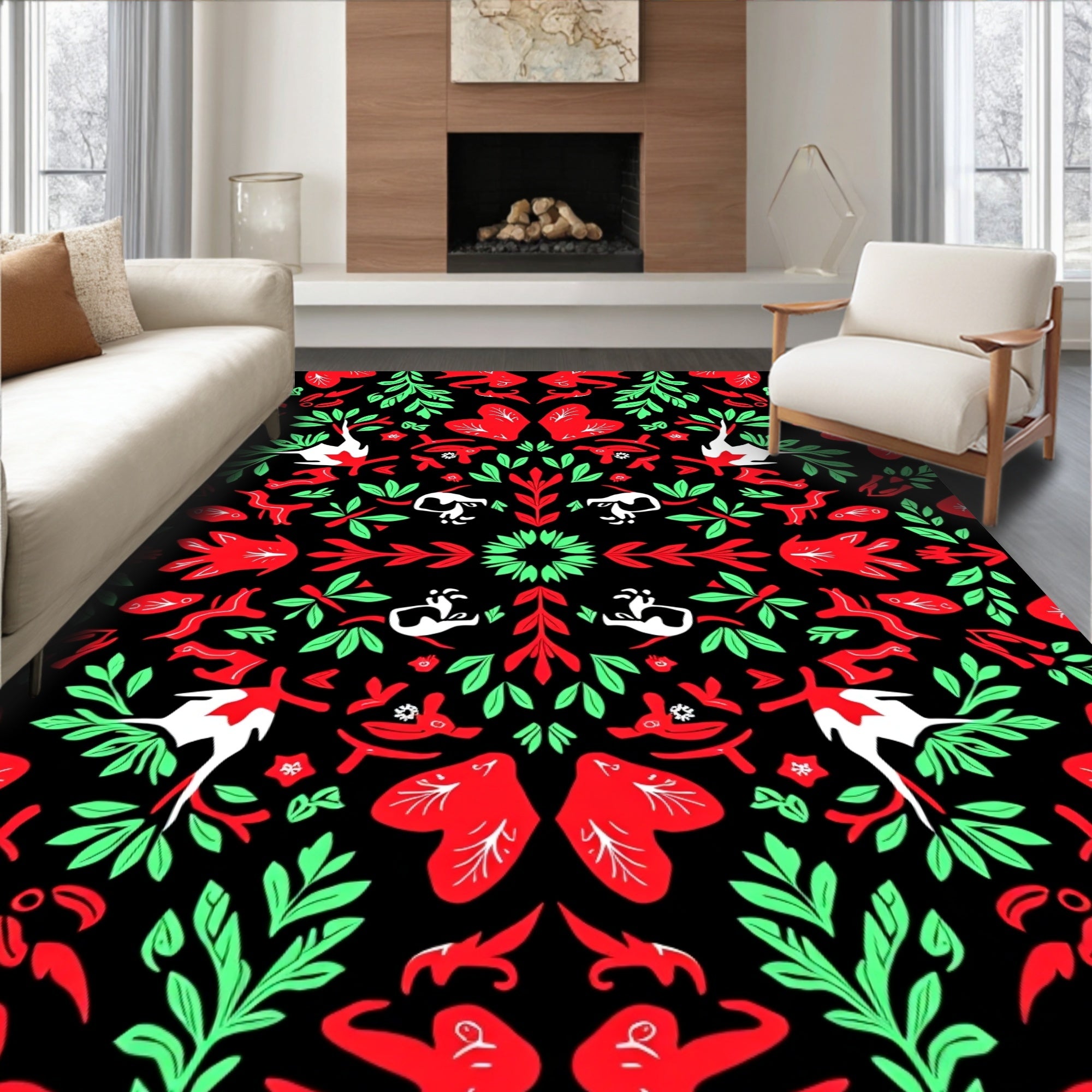 Bold Red Green Woodland Creature Medallion Rug