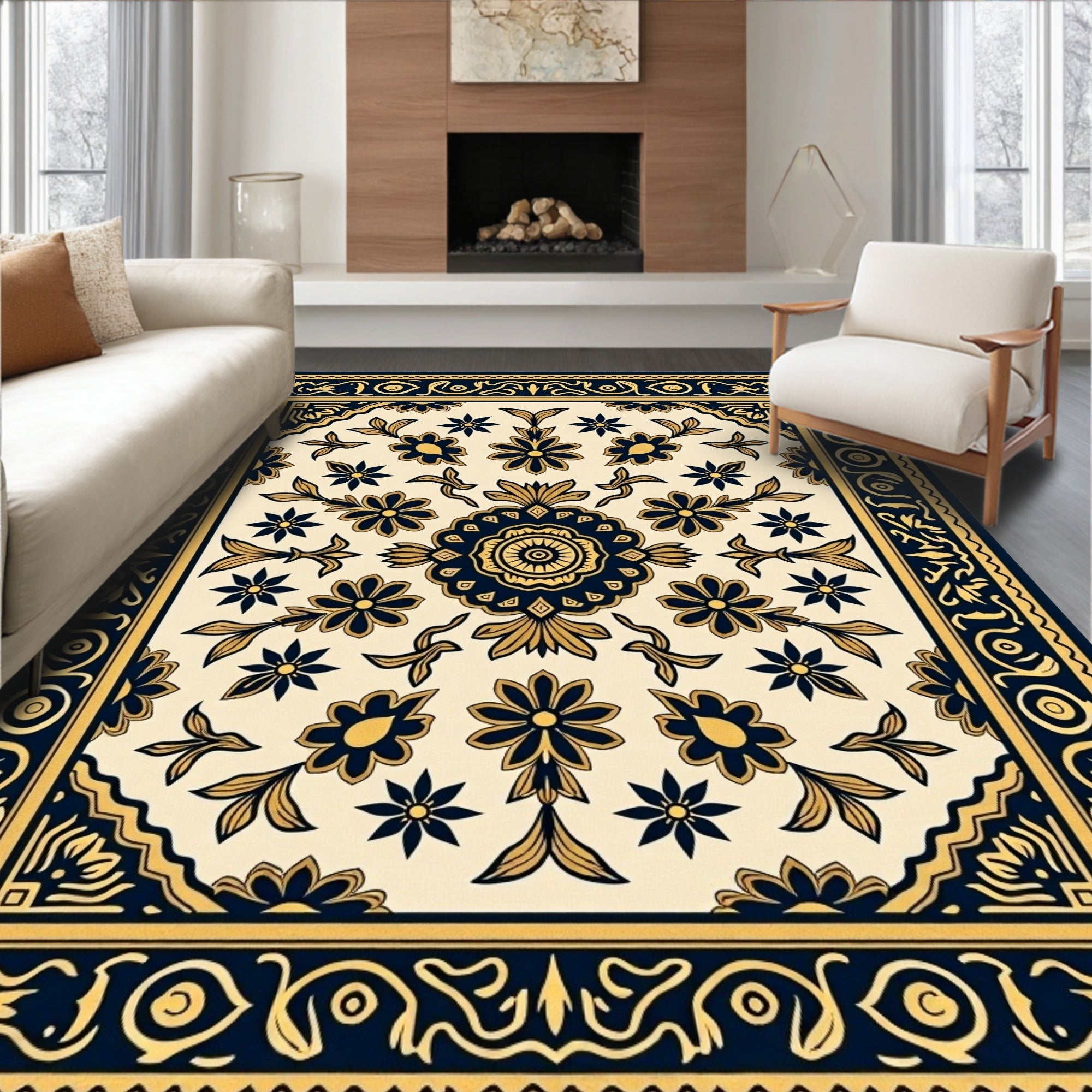 Navy Gold Floral Medallion Square Rug