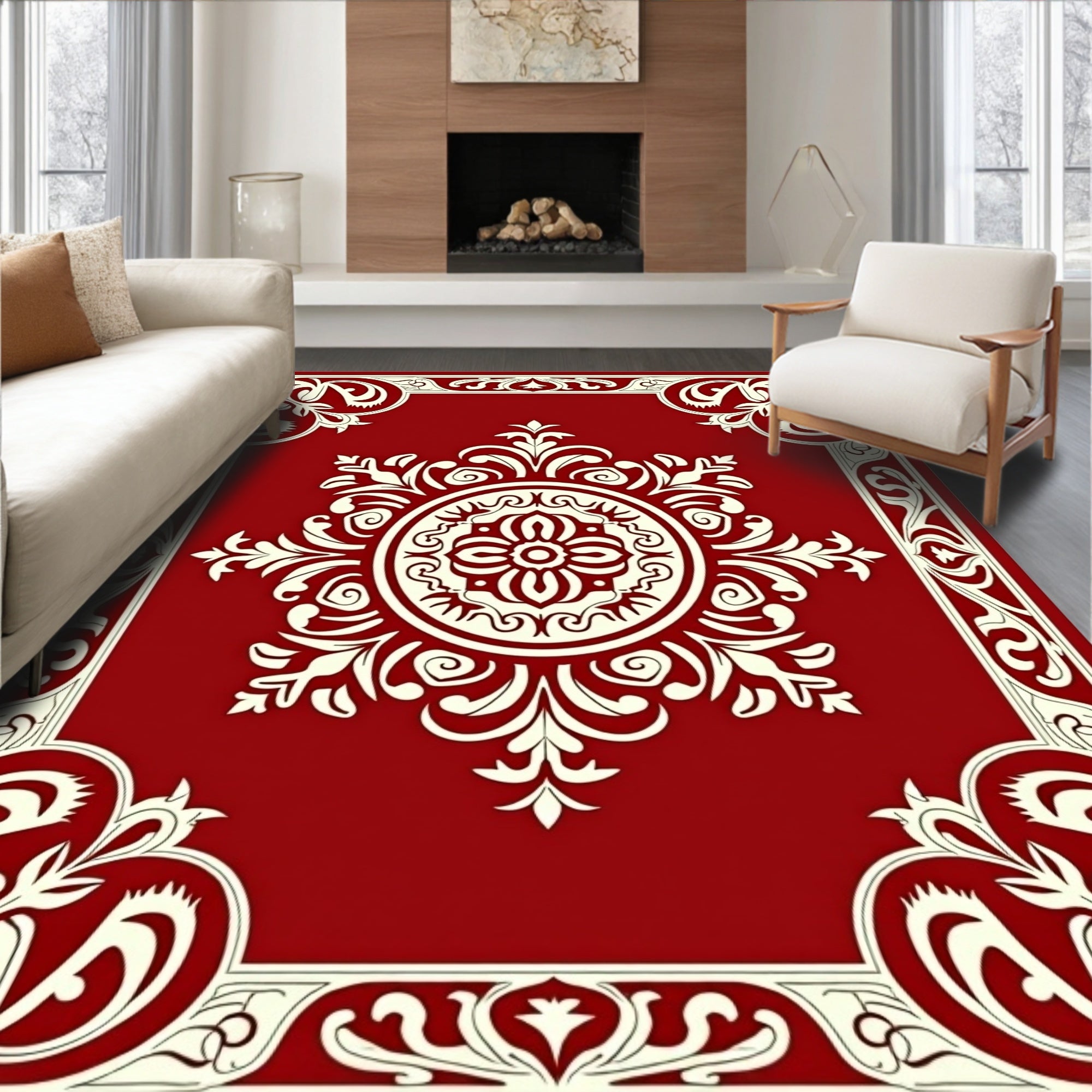 Crimson Floral Corner Frame Medallion Rug