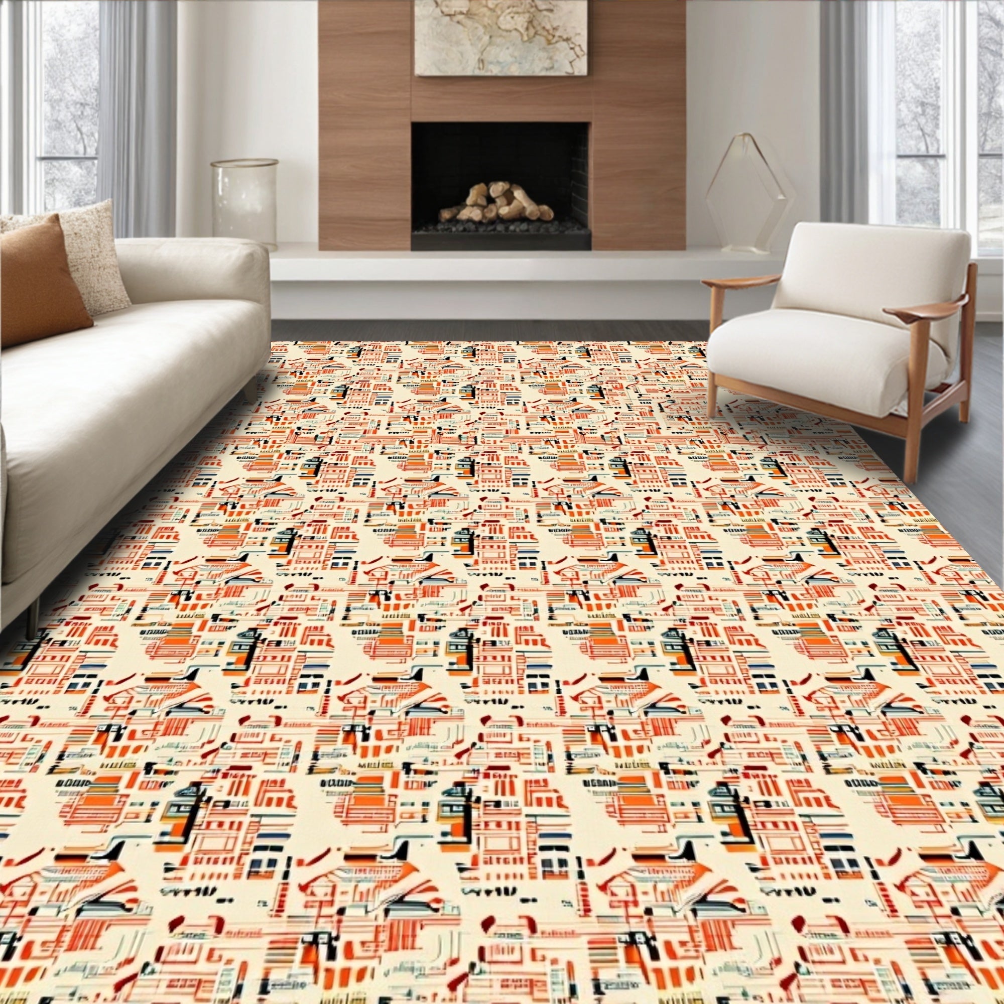 Mid Century Architectural Buildings Orange Cream Rug