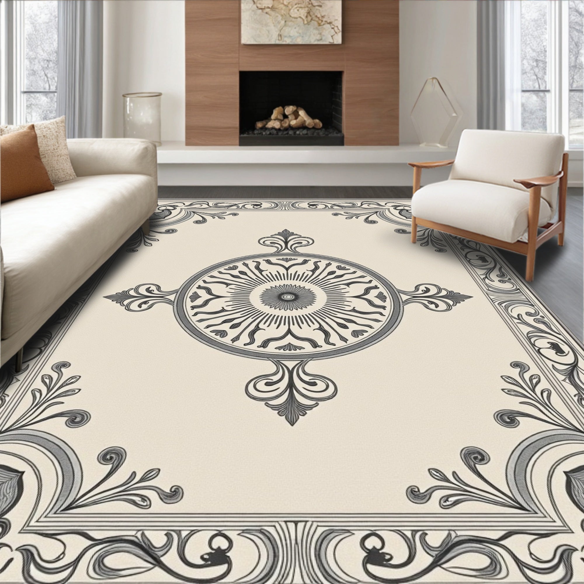 Antique Beige Black Medallion Border Rug