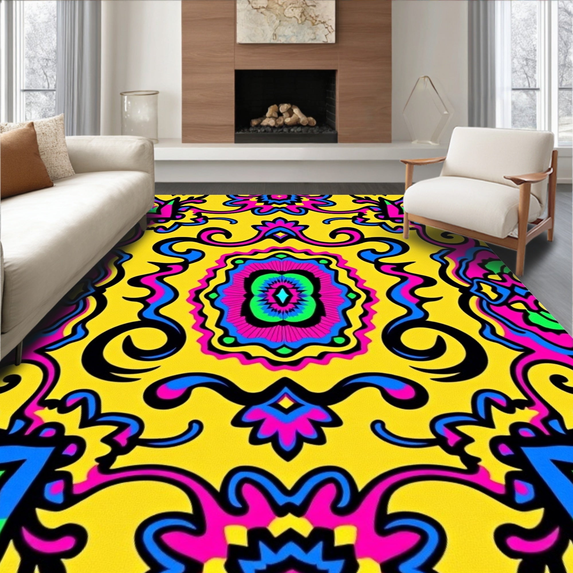 Bright Yellow Swirling Psychedelic Bloom Rug