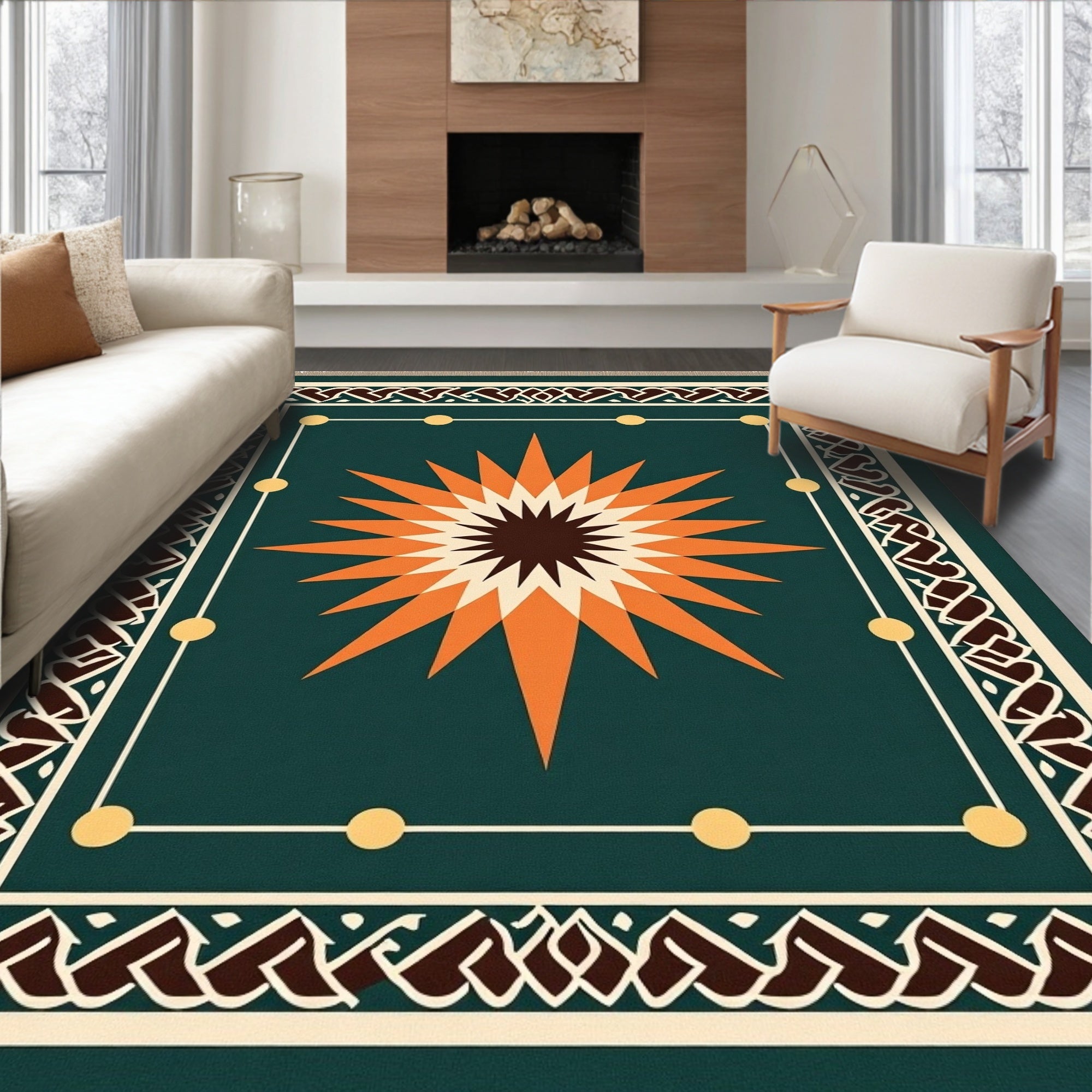 Emerald Orange Sunburst Intricate Border Rug