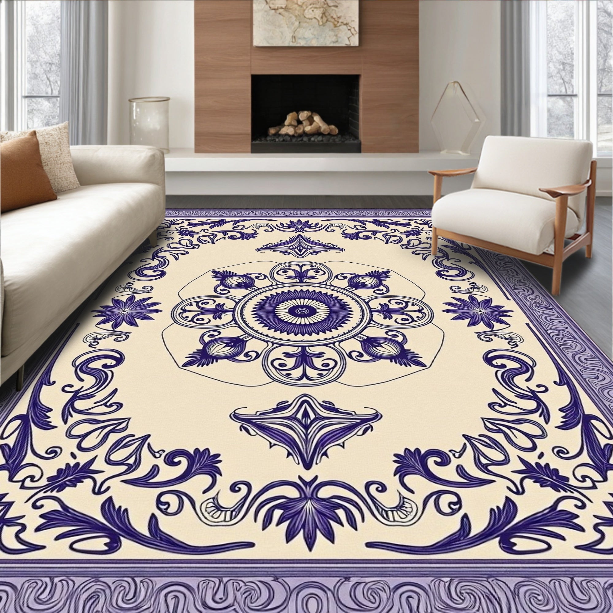 Deep Indigo Floral Medallion Border Rug