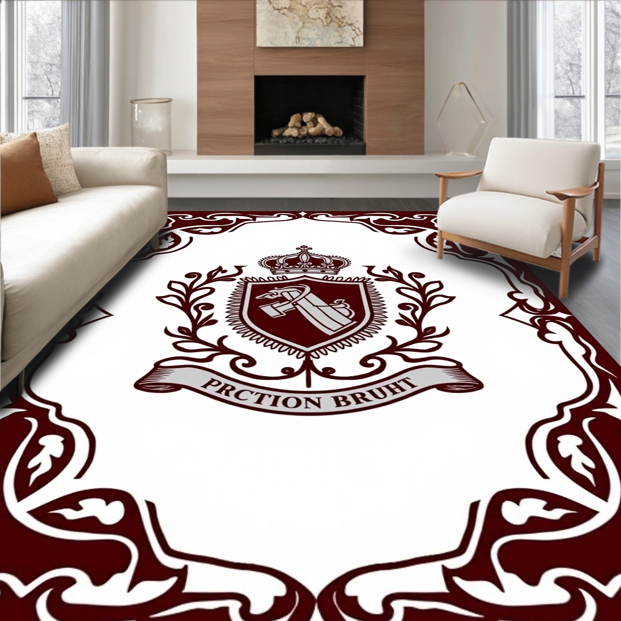 Maroon Crest Crown Embellished Frame Rug