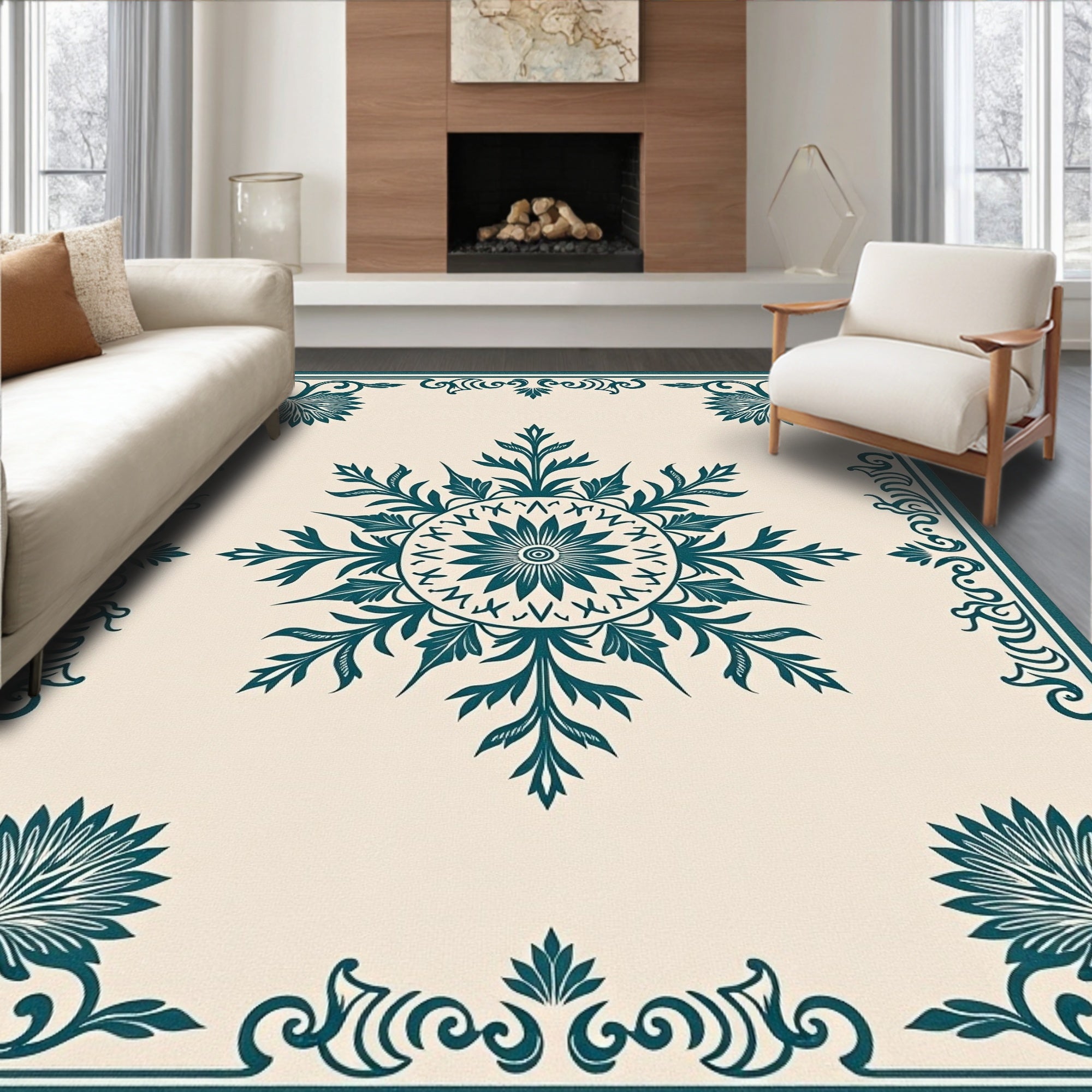 Teal Floral Intricate Medallion Rug