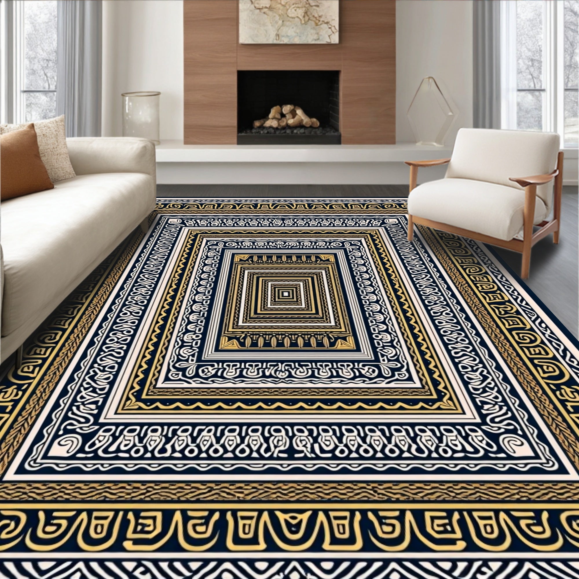 Geometric Ivory Gold Concentric Frames Rug