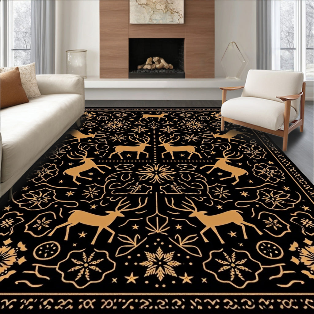 Golden Reindeer Floral Black Rug