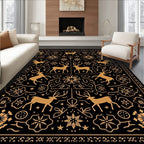 Golden Reindeer Floral Black Rug