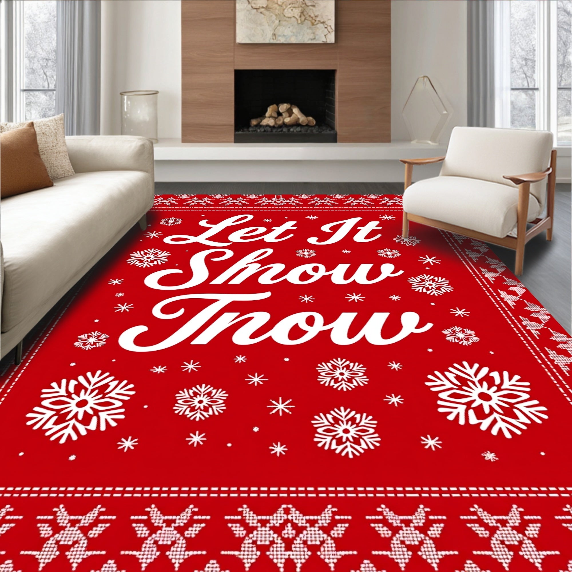 Red White Snowflake Fair Isle Rug